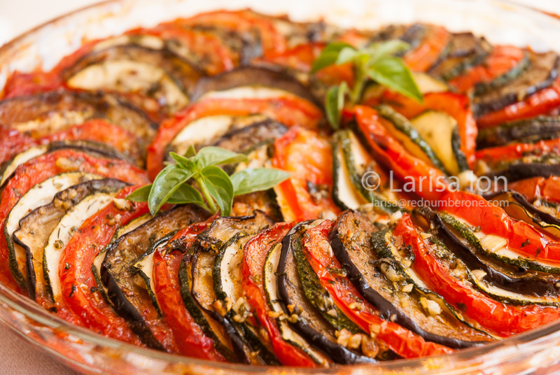 Ratatouille - traditional French Provencal vegetable dish cooked in oven closeup.
