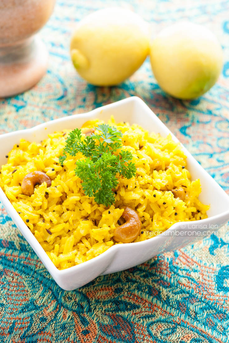 Lemon Rice with cashew - traditional South Indian turmeric rice